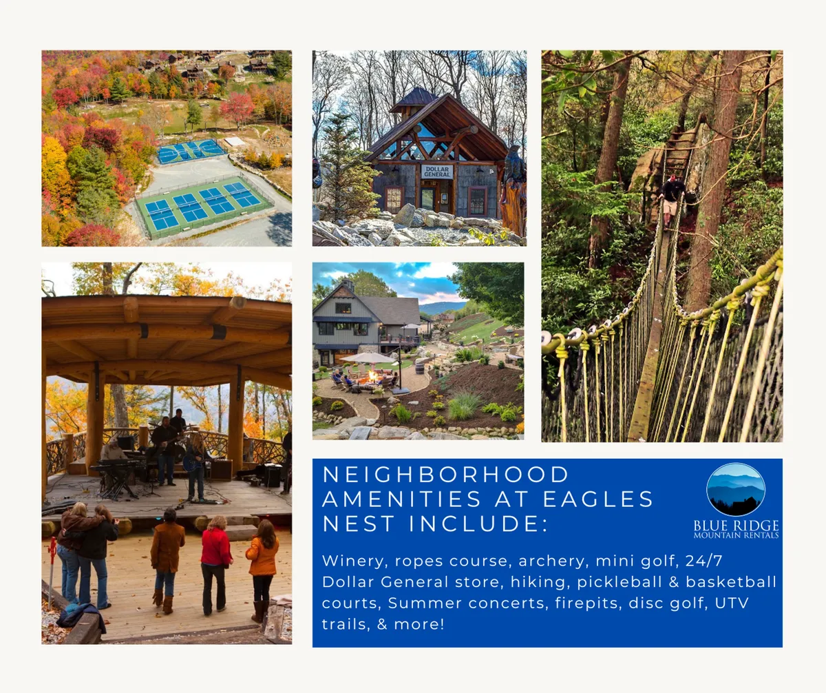 A lively and open outdoor community area featuring a ropes course, a concert stage, play areas, and scenic walking trails. The landscape is dotted with spaces for live music, sports, fire pits, and communal gatherings, all set against a beautiful mountain backdrop.